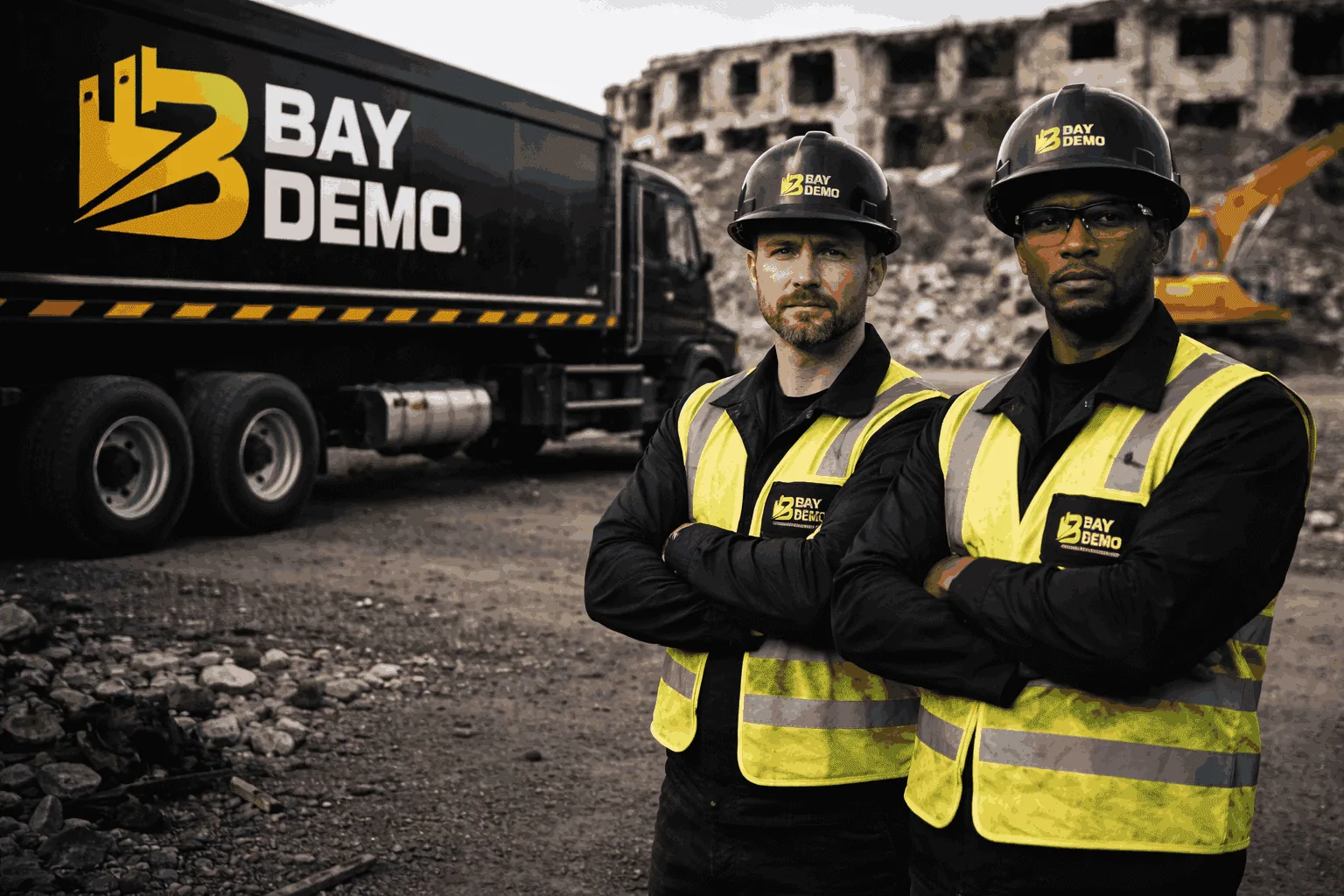 Equipe da Bay Demo com uniformes de segurança e caminhão da empresa