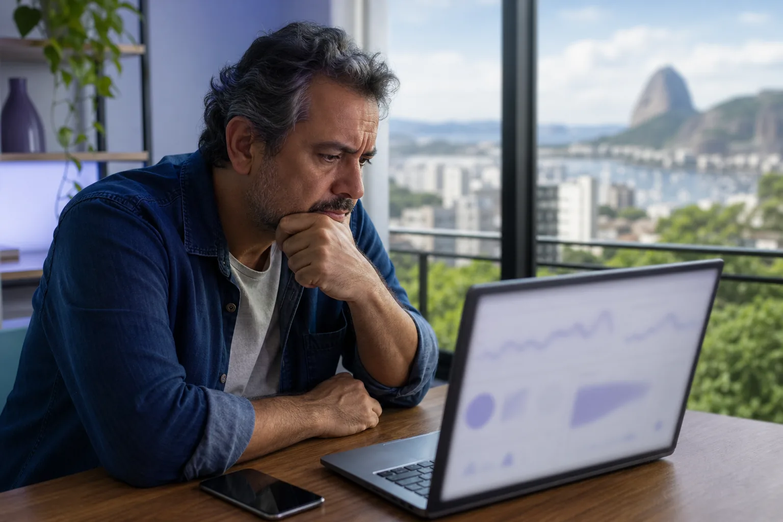 Empresário no Rio de Janeiro analisando campanha de Google Ads com muitos cliques e poucos clientes